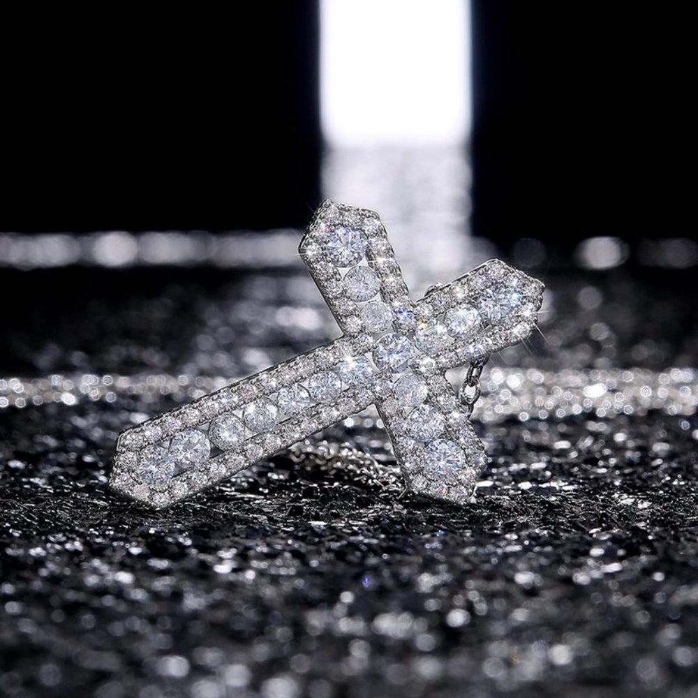 NEW Silver Round Diamond Holy Cross Necklace - Picture 5 of 8